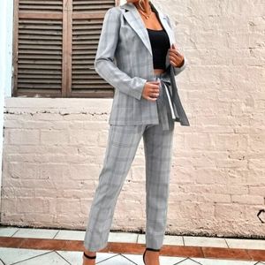 Plaid Single Breasted Blazer & Paperbag Waist Belted Pants